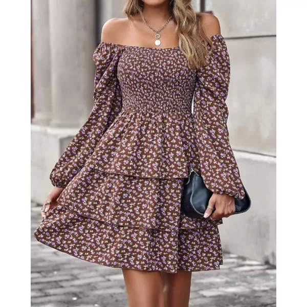 BTFBM Women Square Neck Smocked Dresses 2024 Summer Fall Long Sleeve Floral Swiss Dot Ruffle Party Mini Boho DressFloral Brown