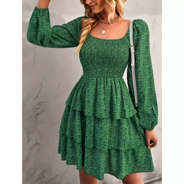 BTFBM Women Square Neck Smocked Dresses 2024 Summer Fall Long Sleeve Floral Swiss Dot Ruffle Party Mini Boho DressFloral Green Blue