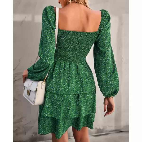 BTFBM Women Square Neck Smocked Dresses 2024 Summer Fall Long Sleeve Floral Swiss Dot Ruffle Party Mini Boho DressFloral Green Blue