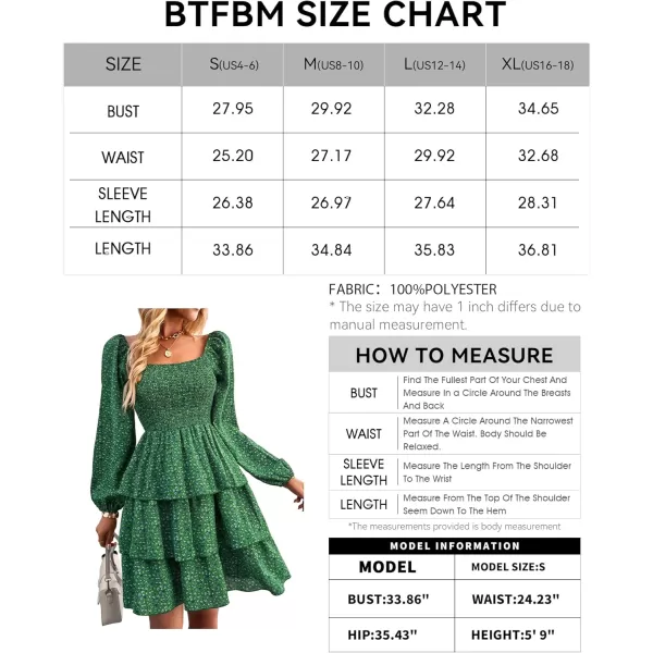 BTFBM Women Square Neck Smocked Dresses 2024 Summer Fall Long Sleeve Floral Swiss Dot Ruffle Party Mini Boho DressFloral Green Blue