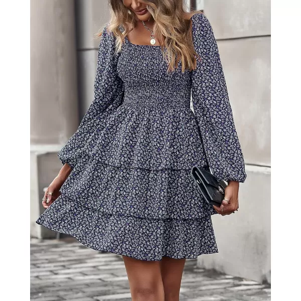 BTFBM Women Square Neck Smocked Dresses 2024 Summer Fall Long Sleeve Floral Swiss Dot Ruffle Party Mini Boho DressFloral Navy