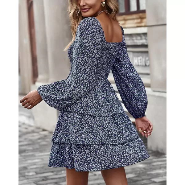 BTFBM Women Square Neck Smocked Dresses 2024 Summer Fall Long Sleeve Floral Swiss Dot Ruffle Party Mini Boho DressFloral Navy