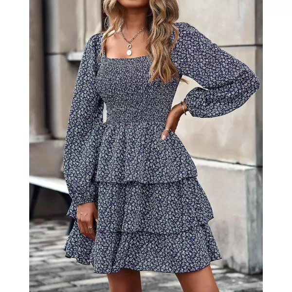 BTFBM Women Square Neck Smocked Dresses 2024 Summer Fall Long Sleeve Floral Swiss Dot Ruffle Party Mini Boho DressFloral Navy