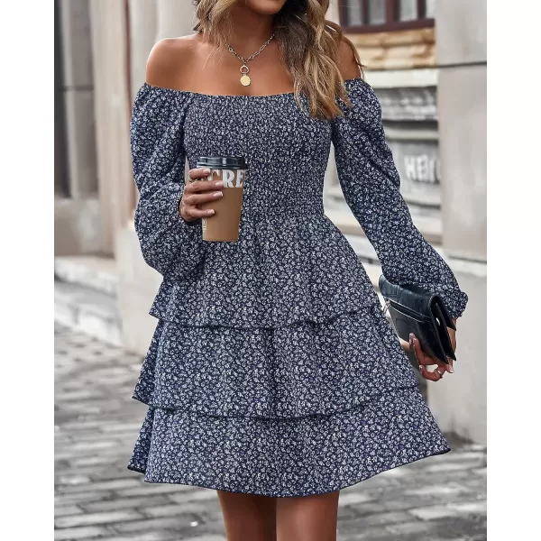 BTFBM Women Square Neck Smocked Dresses 2024 Summer Fall Long Sleeve Floral Swiss Dot Ruffle Party Mini Boho DressFloral Navy