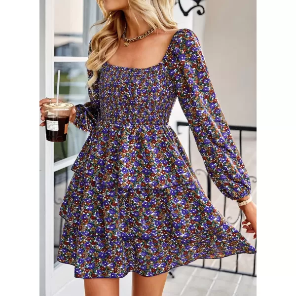 BTFBM Women Square Neck Smocked Dresses 2024 Summer Fall Long Sleeve Floral Swiss Dot Ruffle Party Mini Boho DressFloral Purple Red