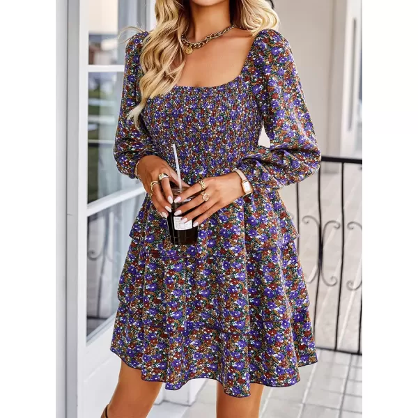 BTFBM Women Square Neck Smocked Dresses 2024 Summer Fall Long Sleeve Floral Swiss Dot Ruffle Party Mini Boho DressFloral Purple Red