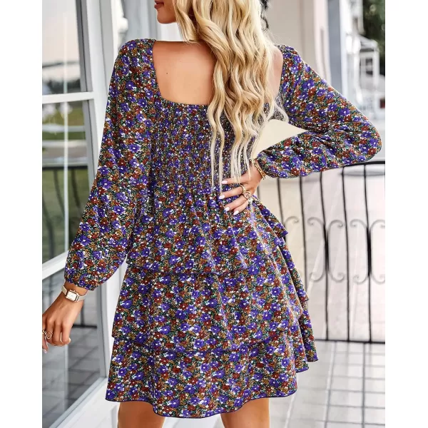 BTFBM Women Square Neck Smocked Dresses 2024 Summer Fall Long Sleeve Floral Swiss Dot Ruffle Party Mini Boho DressFloral Purple Red