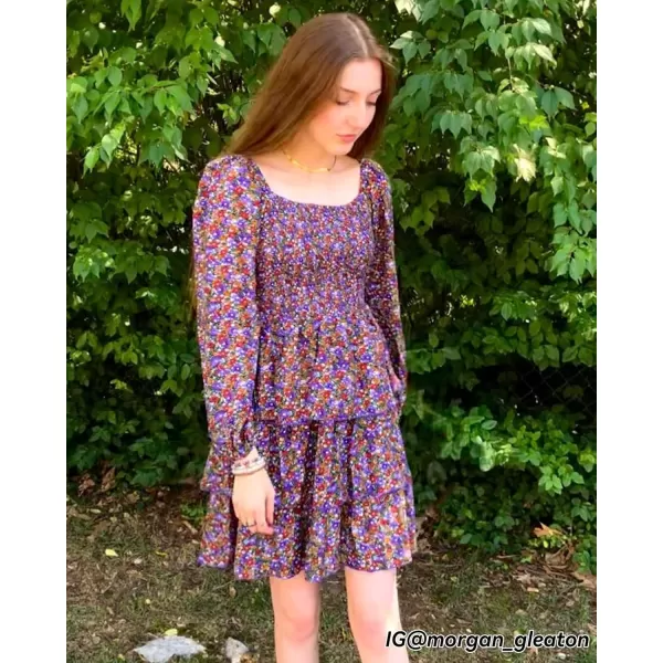 BTFBM Women Square Neck Smocked Dresses 2024 Summer Fall Long Sleeve Floral Swiss Dot Ruffle Party Mini Boho DressFloral Purple Red
