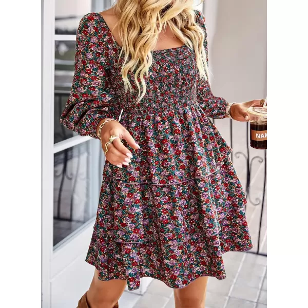 BTFBM Women Square Neck Smocked Dresses 2024 Summer Fall Long Sleeve Floral Swiss Dot Ruffle Party Mini Boho DressFloral Red Pink