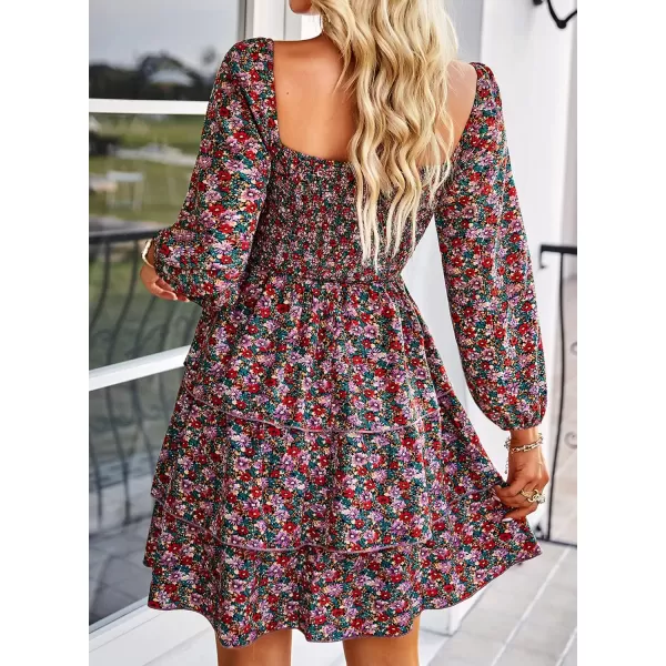 BTFBM Women Square Neck Smocked Dresses 2024 Summer Fall Long Sleeve Floral Swiss Dot Ruffle Party Mini Boho DressFloral Red Pink