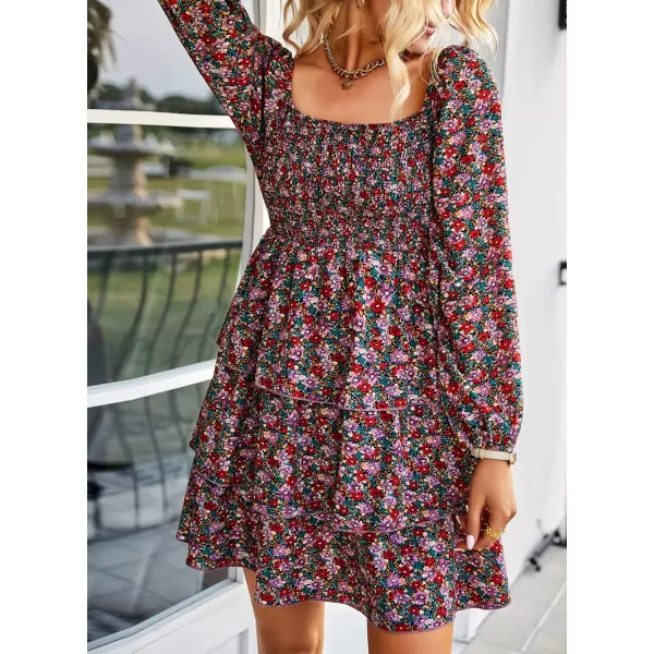 BTFBM Women Square Neck Smocked Dresses 2024 Summer Fall Long Sleeve Floral Swiss Dot Ruffle Party Mini Boho DressFloral Red Pink