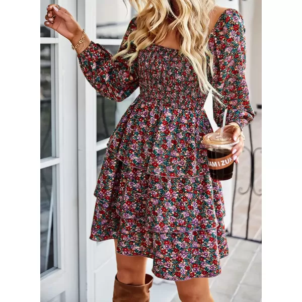 BTFBM Women Square Neck Smocked Dresses 2024 Summer Fall Long Sleeve Floral Swiss Dot Ruffle Party Mini Boho DressFloral Red Pink