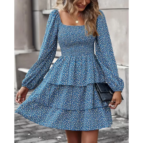 BTFBM Women Square Neck Smocked Dresses 2024 Summer Fall Long Sleeve Floral Swiss Dot Ruffle Party Mini Boho DressFloral Royal Blue