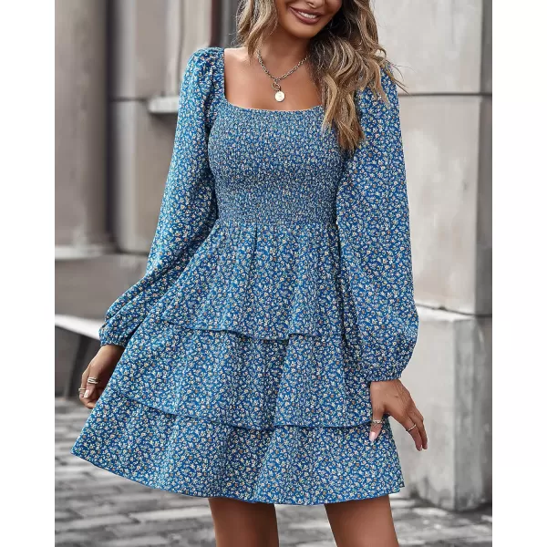 BTFBM Women Square Neck Smocked Dresses 2024 Summer Fall Long Sleeve Floral Swiss Dot Ruffle Party Mini Boho DressFloral Royal Blue