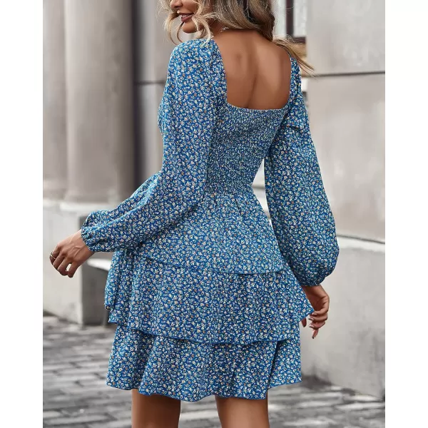 BTFBM Women Square Neck Smocked Dresses 2024 Summer Fall Long Sleeve Floral Swiss Dot Ruffle Party Mini Boho DressFloral Royal Blue