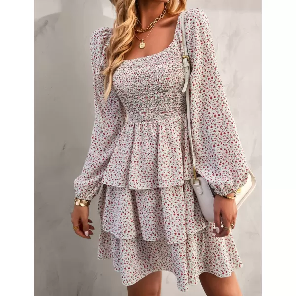 BTFBM Women Square Neck Smocked Dresses 2024 Summer Fall Long Sleeve Floral Swiss Dot Ruffle Party Mini Boho DressFloral White Red