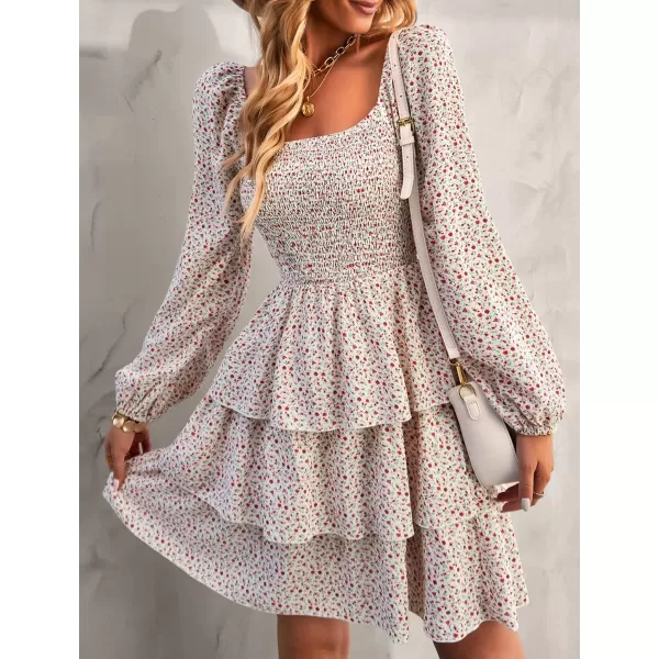 BTFBM Women Square Neck Smocked Dresses 2024 Summer Fall Long Sleeve Floral Swiss Dot Ruffle Party Mini Boho DressFloral White Red