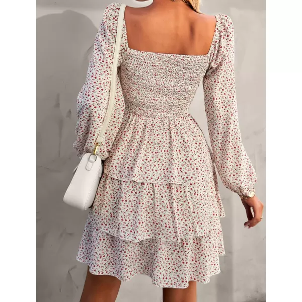 BTFBM Women Square Neck Smocked Dresses 2024 Summer Fall Long Sleeve Floral Swiss Dot Ruffle Party Mini Boho DressFloral White Red