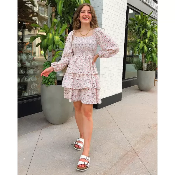 BTFBM Women Square Neck Smocked Dresses 2024 Summer Fall Long Sleeve Floral Swiss Dot Ruffle Party Mini Boho DressFloral White Red