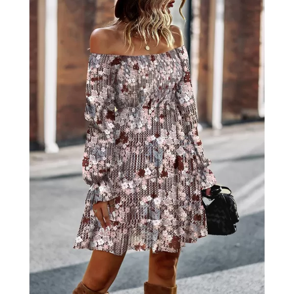 BTFBM Women Square Neck Smocked Dresses 2024 Summer Fall Long Sleeve Floral Swiss Dot Ruffle Party Mini Boho DressPrint Flower Brown