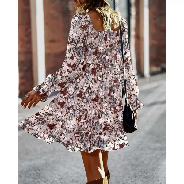 BTFBM Women Square Neck Smocked Dresses 2024 Summer Fall Long Sleeve Floral Swiss Dot Ruffle Party Mini Boho DressPrint Flower Brown