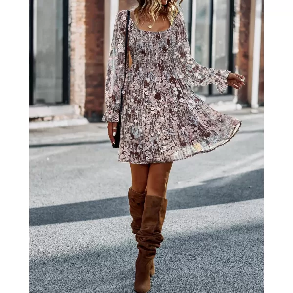 BTFBM Women Square Neck Smocked Dresses 2024 Summer Fall Long Sleeve Floral Swiss Dot Ruffle Party Mini Boho DressPrint Flower Brown