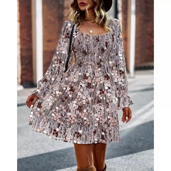 BTFBM Women Square Neck Smocked Dresses 2024 Summer Fall Long Sleeve Floral Swiss Dot Ruffle Party Mini Boho DressPrint Flower Brown