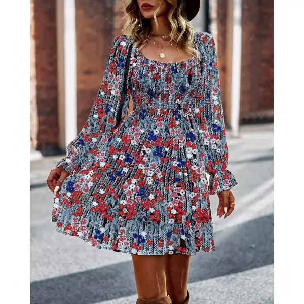 BTFBM Women Square Neck Smocked Dresses 2024 Summer Fall Long Sleeve Floral Swiss Dot Ruffle Party Mini Boho DressPrint Flower Red