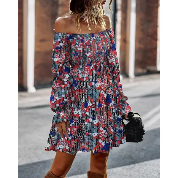 BTFBM Women Square Neck Smocked Dresses 2024 Summer Fall Long Sleeve Floral Swiss Dot Ruffle Party Mini Boho DressPrint Flower Red