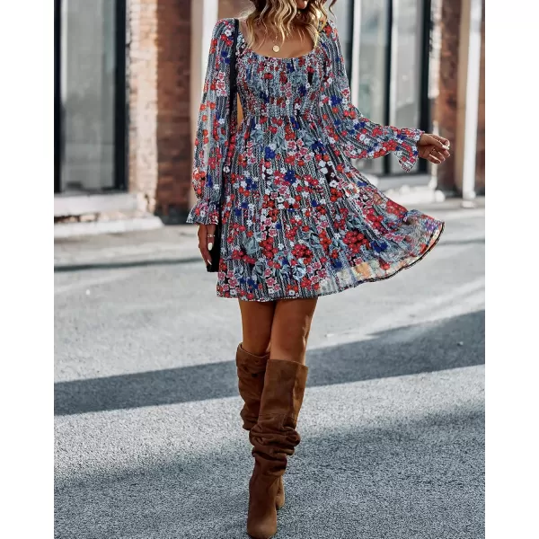 BTFBM Women Square Neck Smocked Dresses 2024 Summer Fall Long Sleeve Floral Swiss Dot Ruffle Party Mini Boho DressPrint Flower Red