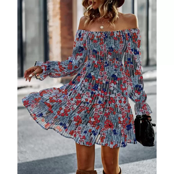 BTFBM Women Square Neck Smocked Dresses 2024 Summer Fall Long Sleeve Floral Swiss Dot Ruffle Party Mini Boho DressPrint Flower Red