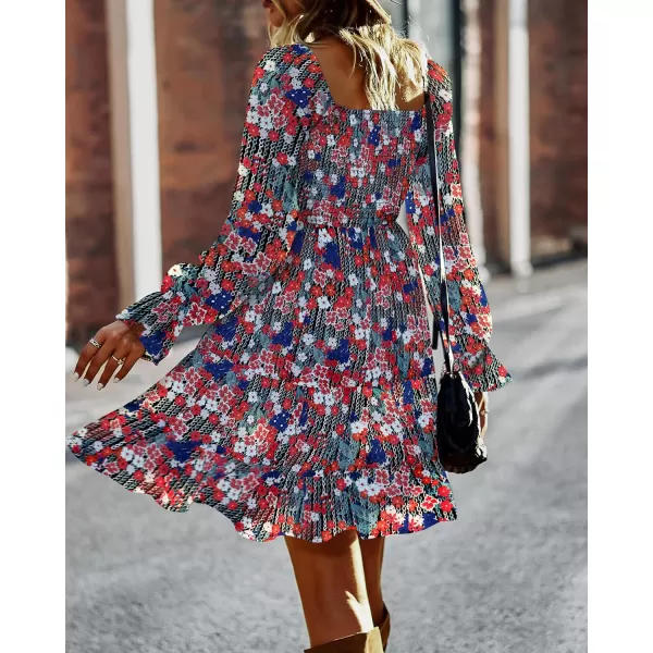 BTFBM Women Square Neck Smocked Dresses 2024 Summer Fall Long Sleeve Floral Swiss Dot Ruffle Party Mini Boho DressPrint Flower Red