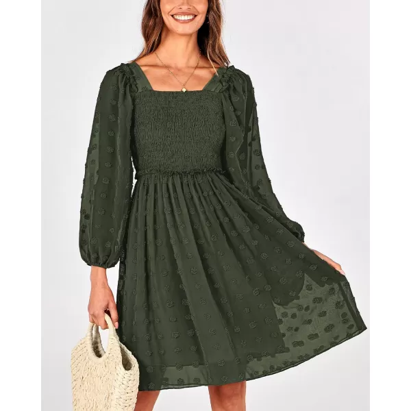 BTFBM Women Square Neck Smocked Dresses 2024 Summer Fall Long Sleeve Floral Swiss Dot Ruffle Party Mini Boho DressSwiss Dot Army Green