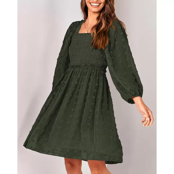 BTFBM Women Square Neck Smocked Dresses 2024 Summer Fall Long Sleeve Floral Swiss Dot Ruffle Party Mini Boho DressSwiss Dot Army Green