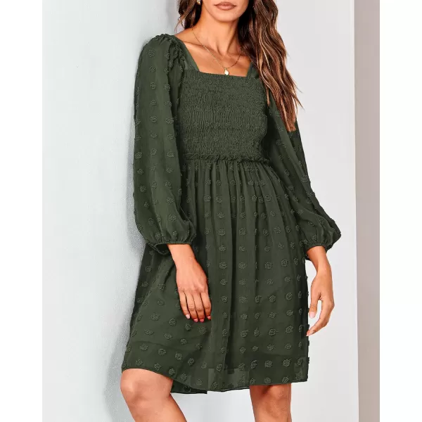 BTFBM Women Square Neck Smocked Dresses 2024 Summer Fall Long Sleeve Floral Swiss Dot Ruffle Party Mini Boho DressSwiss Dot Army Green
