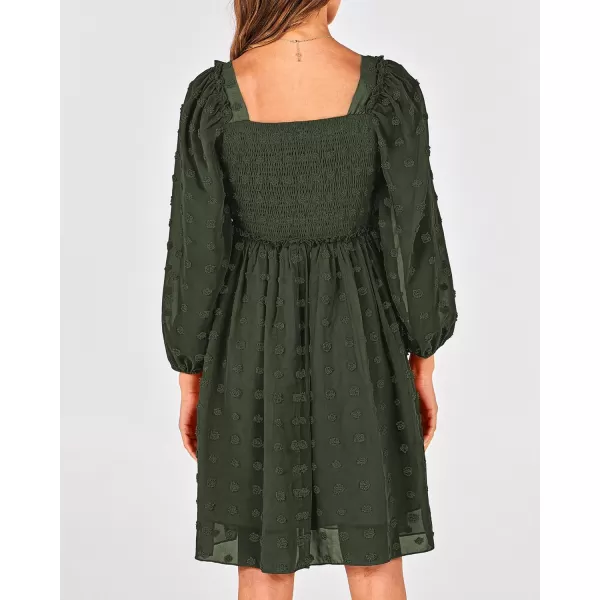 BTFBM Women Square Neck Smocked Dresses 2024 Summer Fall Long Sleeve Floral Swiss Dot Ruffle Party Mini Boho DressSwiss Dot Army Green