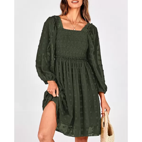 BTFBM Women Square Neck Smocked Dresses 2024 Summer Fall Long Sleeve Floral Swiss Dot Ruffle Party Mini Boho DressSwiss Dot Army Green