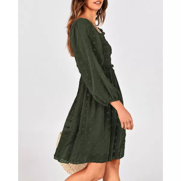 BTFBM Women Square Neck Smocked Dresses 2024 Summer Fall Long Sleeve Floral Swiss Dot Ruffle Party Mini Boho DressSwiss Dot Army Green