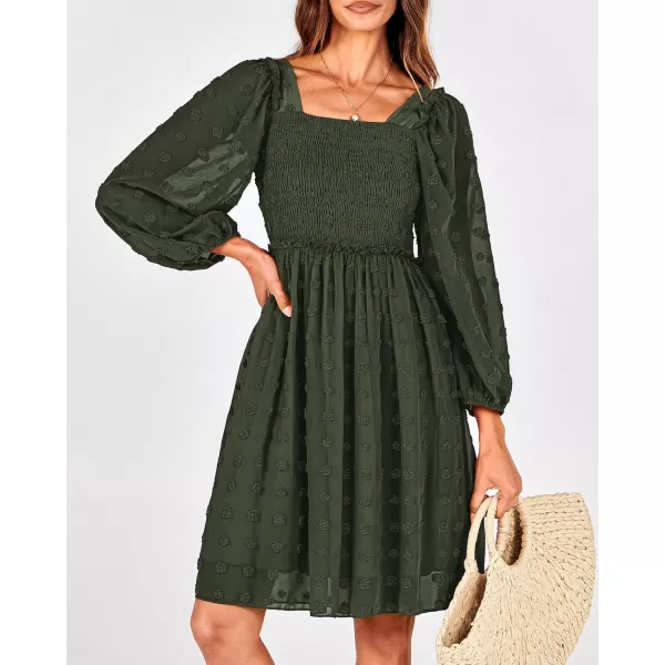 BTFBM Women Square Neck Smocked Dresses 2024 Summer Fall Long Sleeve Floral Swiss Dot Ruffle Party Mini Boho DressSwiss Dot Army Green