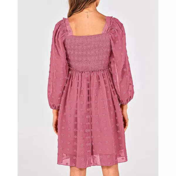 BTFBM Women Square Neck Smocked Dresses 2024 Summer Fall Long Sleeve Floral Swiss Dot Ruffle Party Mini Boho DressSwiss Dot Bean Paste Red