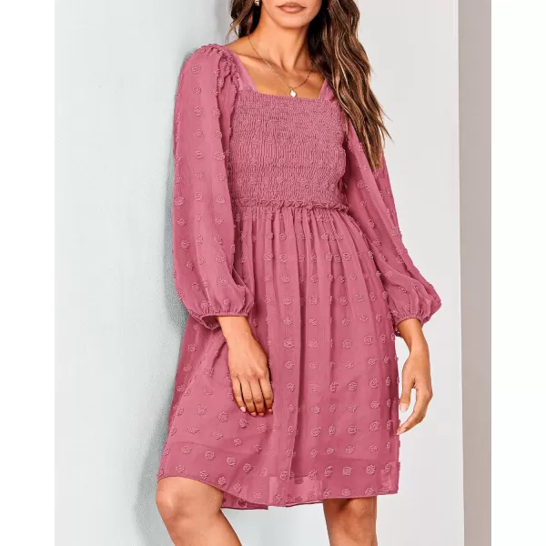 BTFBM Women Square Neck Smocked Dresses 2024 Summer Fall Long Sleeve Floral Swiss Dot Ruffle Party Mini Boho DressSwiss Dot Bean Paste Red