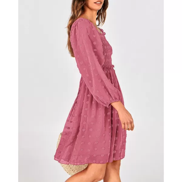 BTFBM Women Square Neck Smocked Dresses 2024 Summer Fall Long Sleeve Floral Swiss Dot Ruffle Party Mini Boho DressSwiss Dot Bean Paste Red