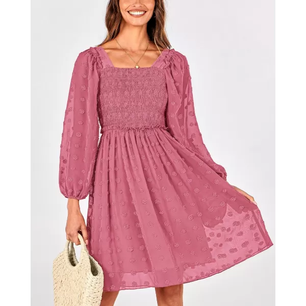BTFBM Women Square Neck Smocked Dresses 2024 Summer Fall Long Sleeve Floral Swiss Dot Ruffle Party Mini Boho DressSwiss Dot Bean Paste Red