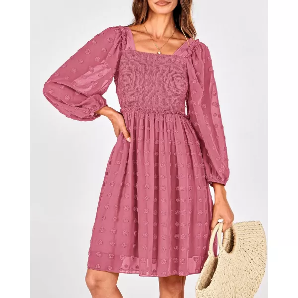 BTFBM Women Square Neck Smocked Dresses 2024 Summer Fall Long Sleeve Floral Swiss Dot Ruffle Party Mini Boho DressSwiss Dot Bean Paste Red
