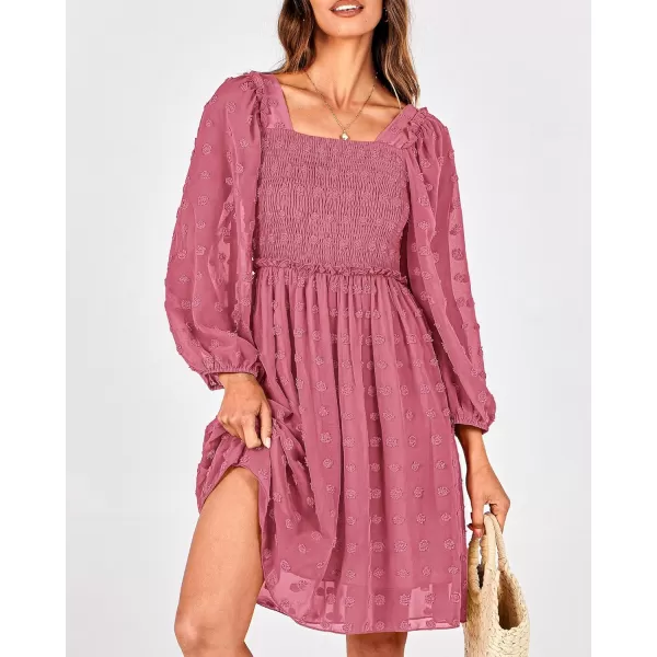 BTFBM Women Square Neck Smocked Dresses 2024 Summer Fall Long Sleeve Floral Swiss Dot Ruffle Party Mini Boho DressSwiss Dot Bean Paste Red
