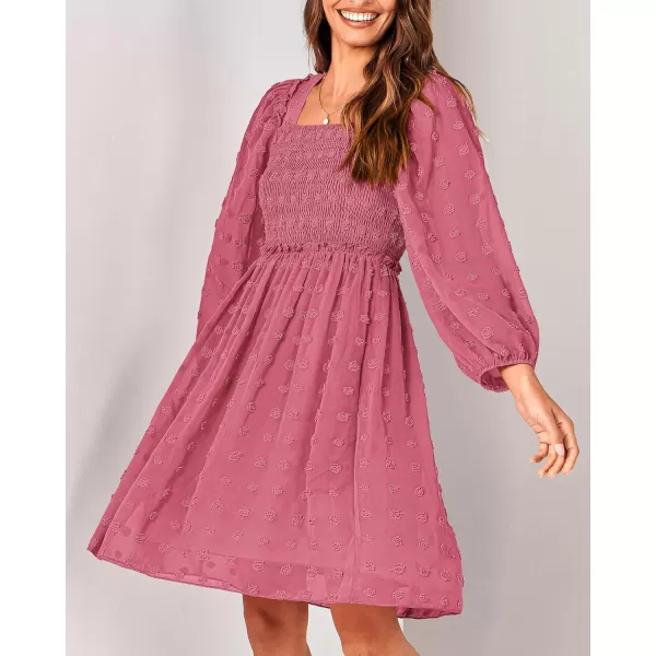 BTFBM Women Square Neck Smocked Dresses 2024 Summer Fall Long Sleeve Floral Swiss Dot Ruffle Party Mini Boho DressSwiss Dot Bean Paste Red