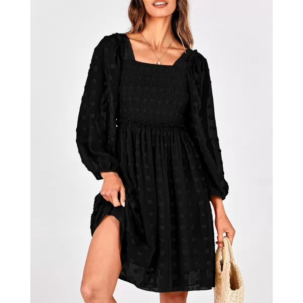 BTFBM Women Square Neck Smocked Dresses 2024 Summer Fall Long Sleeve Floral Swiss Dot Ruffle Party Mini Boho DressSwiss Dot Black