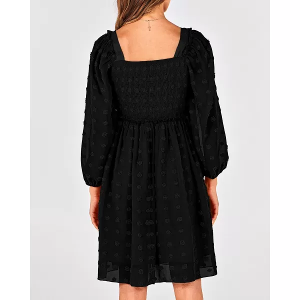 BTFBM Women Square Neck Smocked Dresses 2024 Summer Fall Long Sleeve Floral Swiss Dot Ruffle Party Mini Boho DressSwiss Dot Black