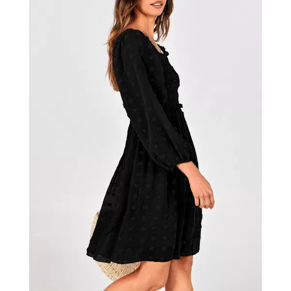 BTFBM Women Square Neck Smocked Dresses 2024 Summer Fall Long Sleeve Floral Swiss Dot Ruffle Party Mini Boho DressSwiss Dot Black