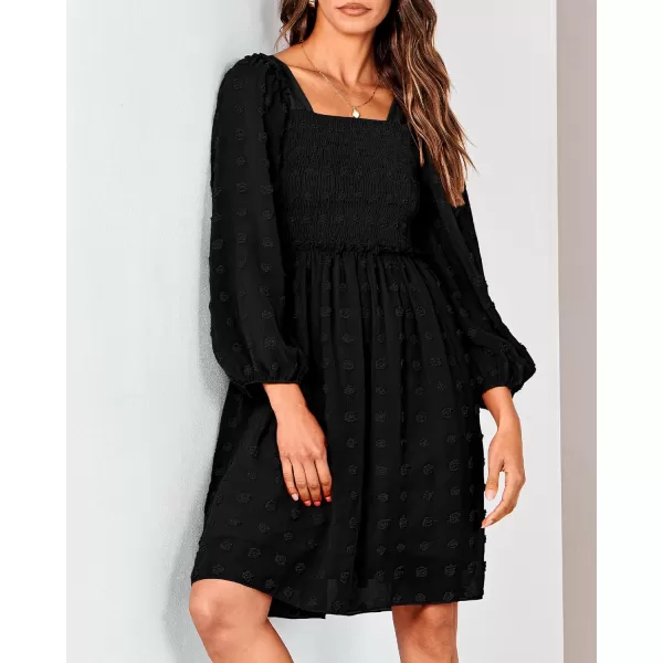 BTFBM Women Square Neck Smocked Dresses 2024 Summer Fall Long Sleeve Floral Swiss Dot Ruffle Party Mini Boho DressSwiss Dot Black